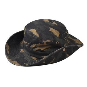 Detailed close-up of camouflage outdoor sun hat featuring metal vents and snap buttons