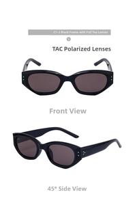 Detail view of black cat-eye sunglasses with polarized TAC brown lenses in front and side views