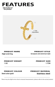 Detail of 18K gold plated beaded cross ring showing 1.7cm adjustable size and 1.5g weight