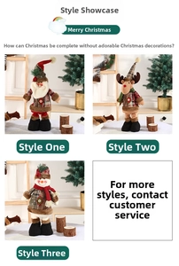 Detail of Santa, reindeer, and snowman plush dolls with red-green plaid and knit textures