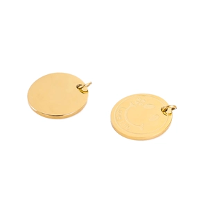 Detail of a gold-plated smiley face pendant with Love Life engraving and clover motif