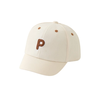 Beige kids baseball cap with brown letter P embroidery and curved brim in retro style