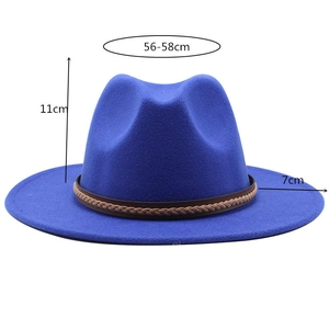 Blue wool jazz fedora hat with 7cm brim, 11cm height, and 56-58cm head size details
