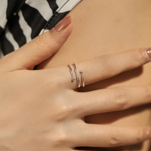 S925 sterling silver bamboo style multi-layer open ring with sparkling gemstones on finger
