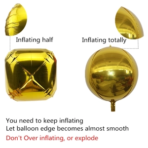 Comparison of golden 4D foil balloon inflating half versus fully smooth spherical shape