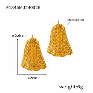 Detail view of 2.6cm titanium steel earrings with textured 18K gold-plated surface
