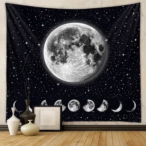 Celestial Moon Phase Wall Tapestry Starry Night Sky Galaxy Space Aesthetic Polyester Fabric Hanging Home Decor