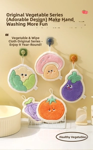 Hanging vegetable-shaped coral fleece hand towels with absorbent four-layer sponge detail