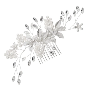 Silver bridal hair comb with elegant white pearls and crystal flower leaf design