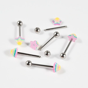 Rainbow star-shaped surgical steel tongue rings with colorful pyramid cone patterns