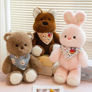 Cute Animal Plush Doll Soft Long Fur Bear Rabbit Dog Toy With Printed Bandana Cartoon Comforter For Kids Home Decor