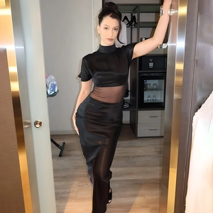 Elegant black satin high-neck maxi dress with mesh cut-out waist and short sleeves
