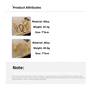 Detailed specs for gold wavy hollow bracelet and spiral disc bangle with dimensions