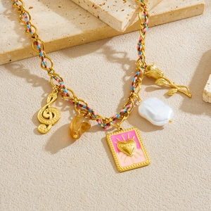 Pink gradient heart and rose pendant necklace with vintage gold chain on stones