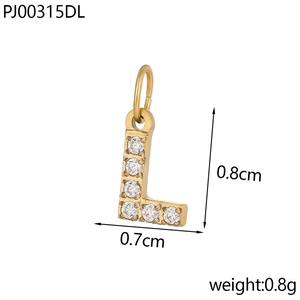 Detailed view of gold letter L pendant with zircon stones including size measurements