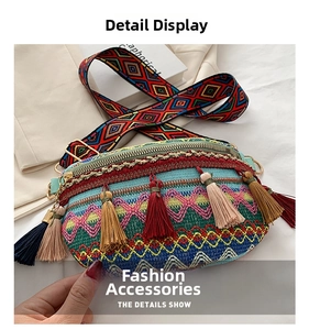 Macro detail of bohemian crossbody bag with colorful fringes and ethnic embroidery patterns