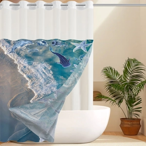 Detail showing dolphin and whale sea prints on waterproof polyester shower curtain