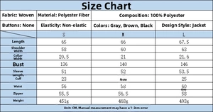 Detailed size chart for women's casual jacket with measurements in centimeters