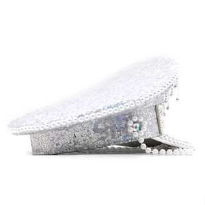 White bridal captain hat with sparkling silver sequins, pearls and rhinestone fringe