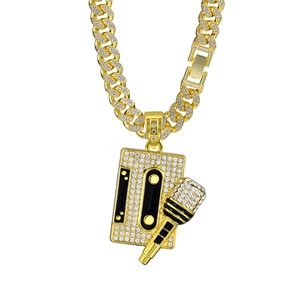 Hip hop gold plated Cuban link necklace with cassette tape and microphone iced out pendants
