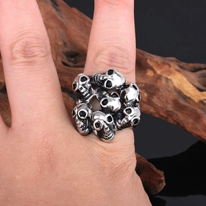 Men's hip hop skull ring in silver stainless steel with multi-skull wrap design