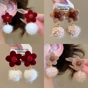Flocking Flower Hairball Artificial Pearl Drop Earrings With 925 Sterling Silver Earring Post Retro Autumn Winter Sweet For Women