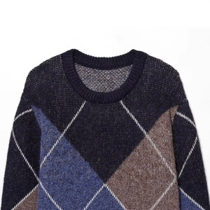 Classic argyle knit sweater with diamond patterns in navy blue and grey tones