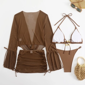 Flat lay of brown 4-piece bikini set with mesh cover-up and skirt on white background