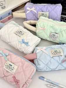 Shiny Quilted Polyester Makeup Bag Large Capacity Macaron Color Bow Handle Cosmetic Storage Pouch For Women