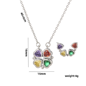 Silver clover necklace with four heart crystals in purple, red, yellow and green colors
