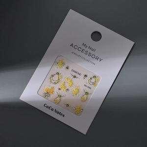 Detail of MJ-066 3D embossed nail art stickers with yellow flowers and green rhinestones