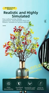 Detail of colorful artificial berries in blue glass vase for home decor setup