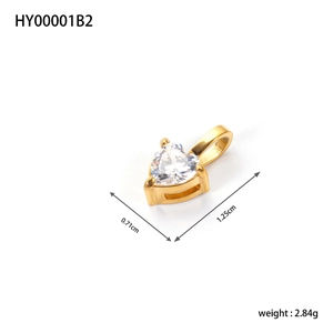 Detailed view of heart zircon pendant with dimensions 0.71cm by 1.25cm and 2.84g weight