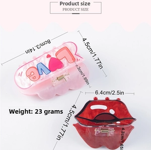Detailed view of pink love heart hair claw and red lip shaped hair clip with dimensions