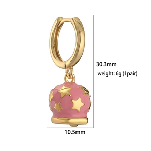 Pink enamel bell earrings with gold stars including dimensions 30.3mm by 10.5mm