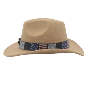 Tan felt cowboy hat with stars and stripes decorative band shown from a side angle