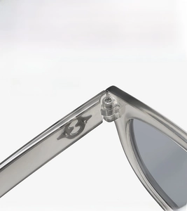 Detail of sturdy hinge on transparent gray cat-eye sunglasses with smooth opening mechanism