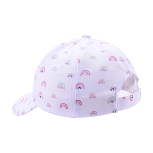 Rear view of white kids' baseball cap showing colorful rainbow print and adjustable strap
