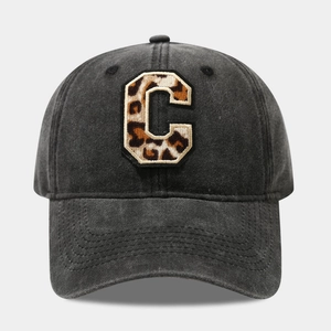 Vintage washed charcoal baseball cap with leopard print letter C patch embroidery
