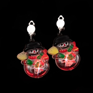 Close-up of glowing LED Christmas snowman clip-on earrings with vibrant festive colors