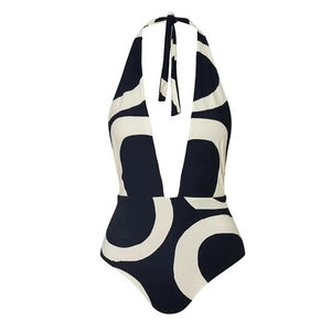 Detail view of one-shoulder high-waisted bikini with black and white abstract print