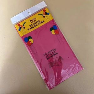 Detail view of pink heavy duty plastic tablecover packaging in 137x183cm size