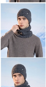 Detail of grey-blue knit beanie and neck warmer set with fleece lining for winter outdoor warmth