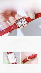 Detailed view of the GEDI women's square quartz watch with red leather strap and steel back
