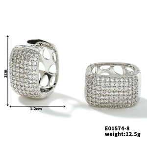 Detail view of rectangular silver hoop earrings with clear pavé stones, 2cm height