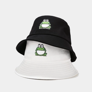 Cute Cartoon Frog Embroidery Cotton Canvas Bucket Hat Sun Protection Summer Outdoor Casual Fishermans Cap For Women Men