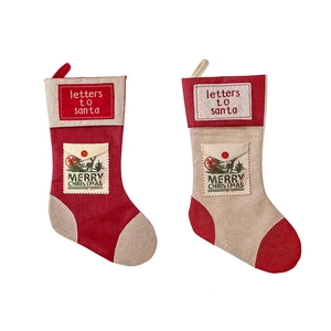 Red and beige Christmas stocking gift bags with letters to Santa embroidery for tree decor