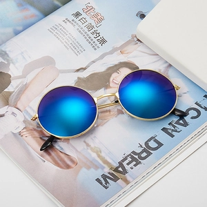 Retro round metal sunglasses with gold frame and purple blue gradient mirror lenses