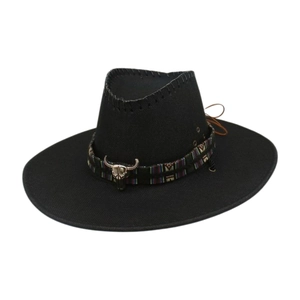 Western black cowboy hat with ethnic woven band and metallic bull head ornament