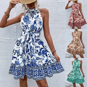 Women Halter Neck Floral Dress Sleeveless Backless Tie Waist Ruffle Hem A-Line Bohemian Summer Vacation Beach Party Dress